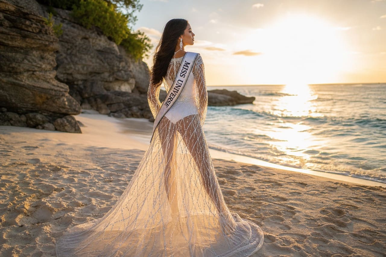 Confident Woman Modeling Elegant Pageant Swimwear on a Tropical Beach