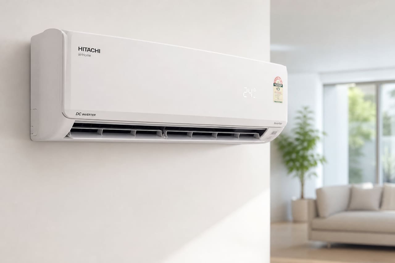 Hitachi 1 Ton 4 Star Inverter Ac Mounted on White Wall