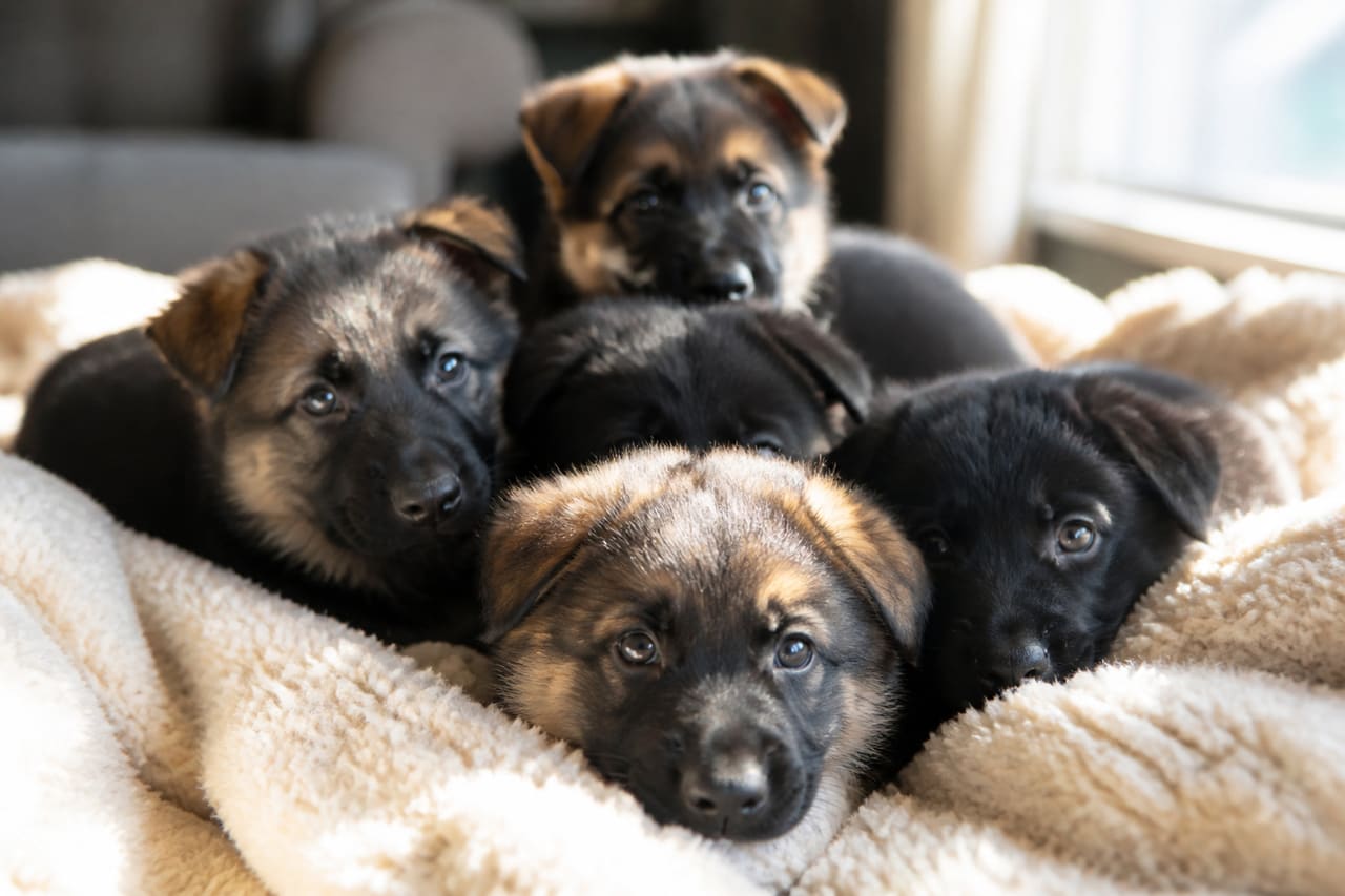 Black and Sable German Shepherd Puppies Resting on a Blanket