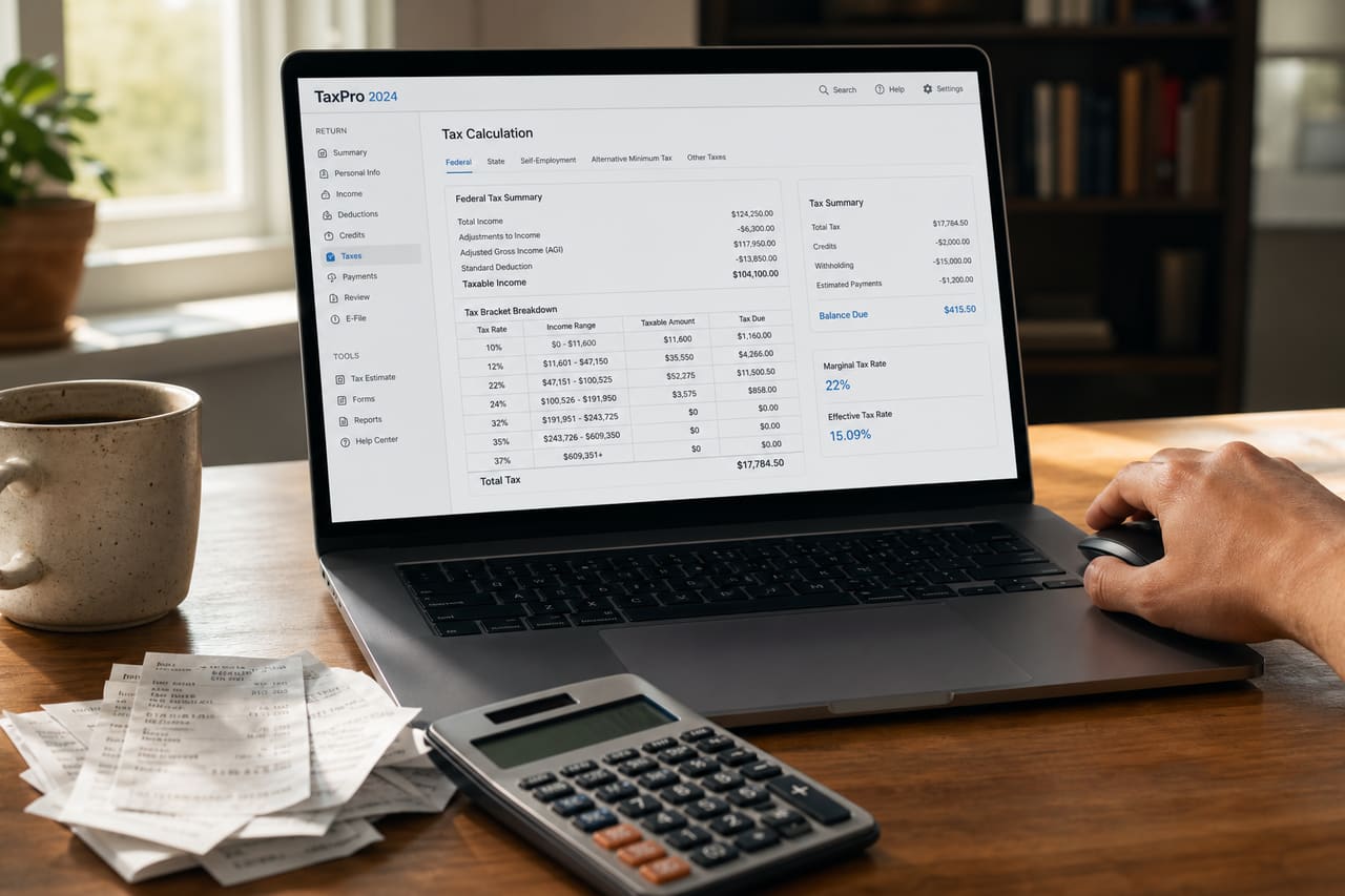 Freelancer Using Tax Calculator on Laptop in Home Office