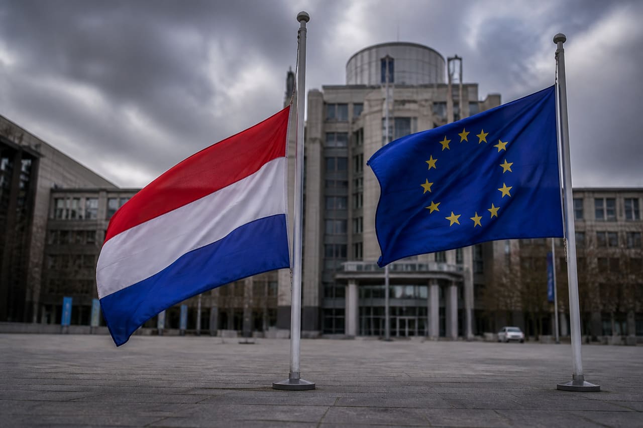 Dutch and European Union Flags Standing Apart in the Hague
