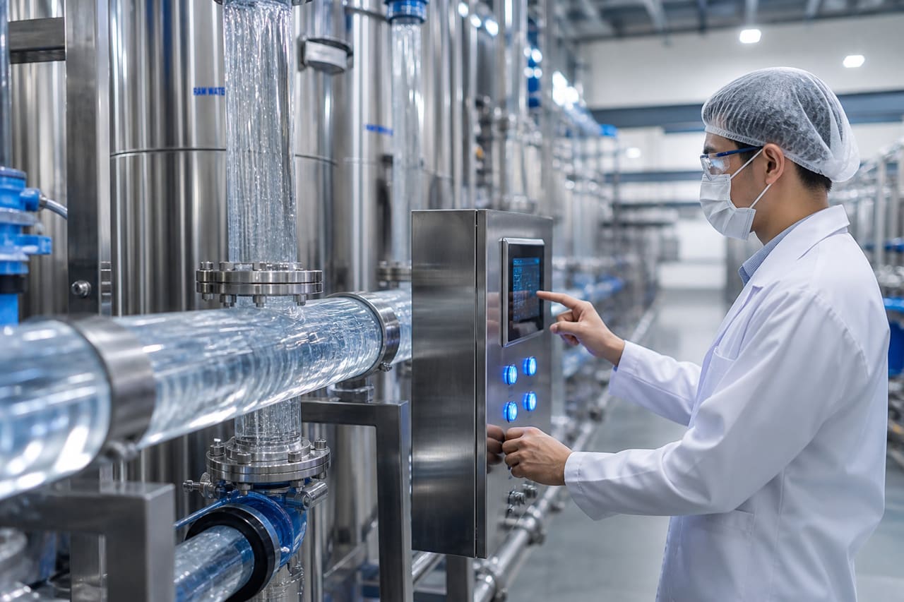 Technician Inspecting Equipment at a Water Purification Plant