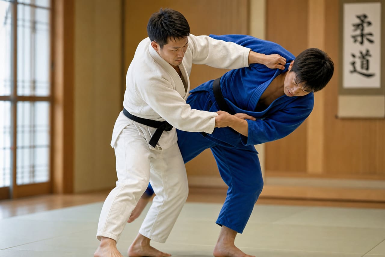 Judoka Practicing Uchikomi Technique in a Traditional Dojo