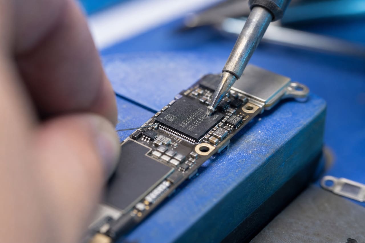 Technician Replacing Nand Flash Memory Chip on Iphone Se Logic Board