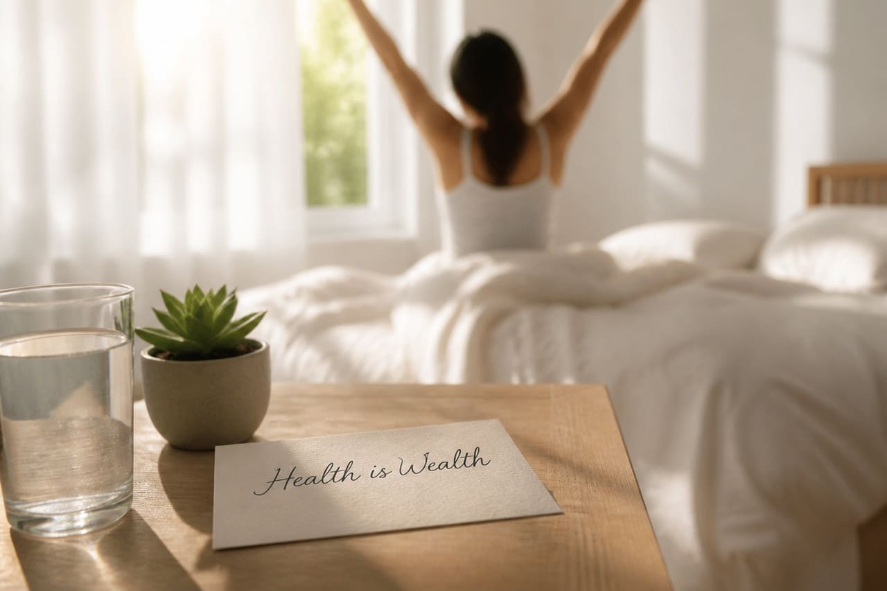 Handwritten Health Is Wealth Note on Sunlit Bedside Table