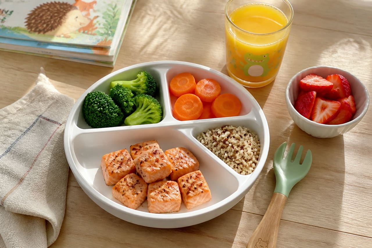 Balanced Nutritious Meal for Children on a Wooden Table
