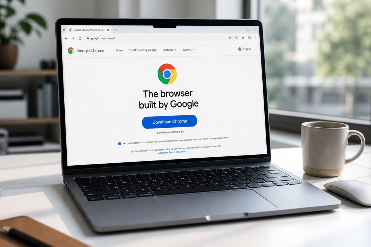 Laptop Displaying Web Browser Download Page on Desk