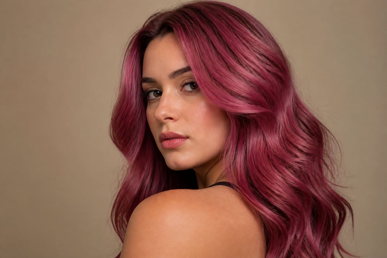 Woman with Vibrant Rose Color Hair Dye in Studio