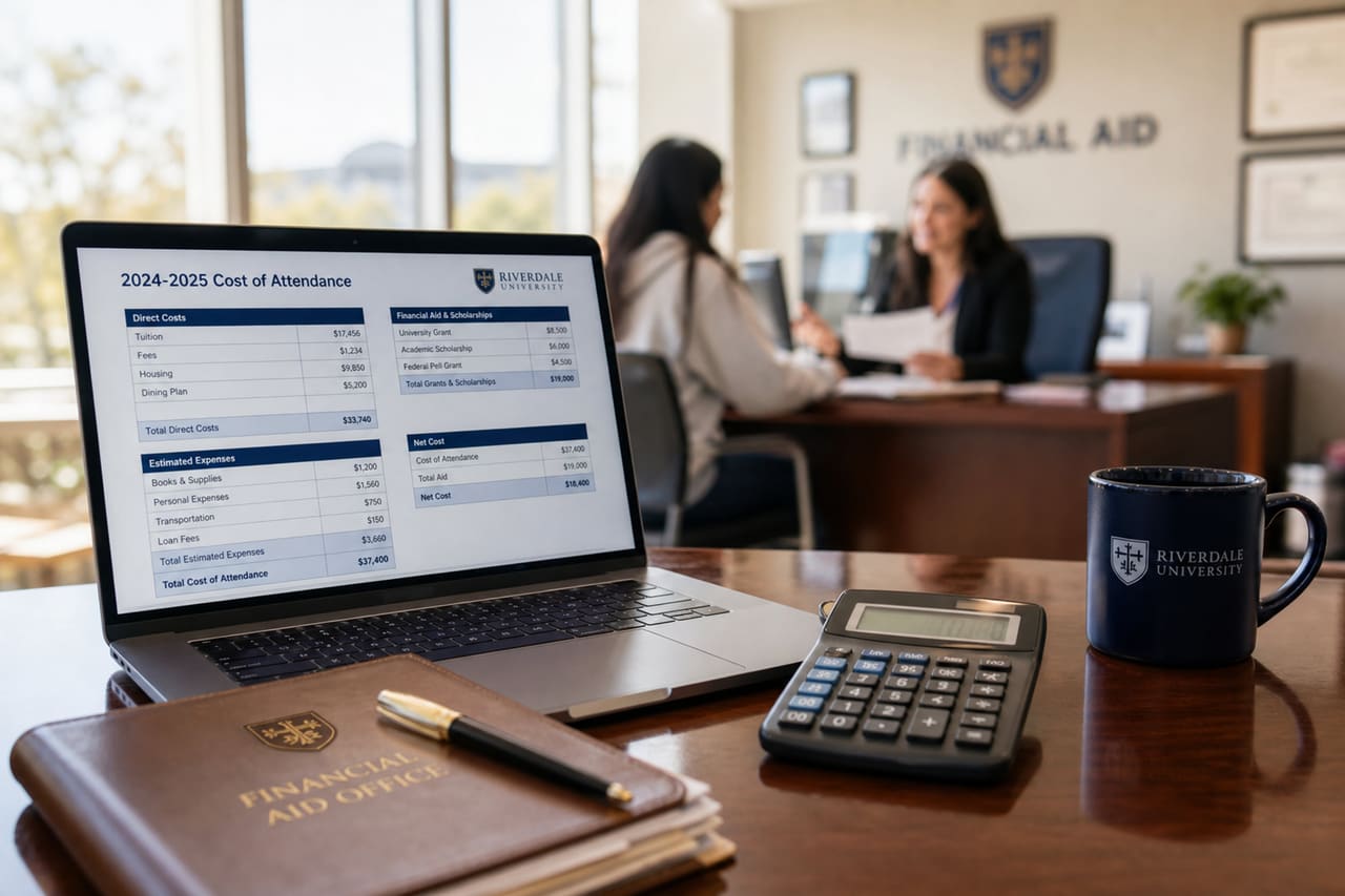 Financial Aid Documents and Calculator on University Office Desk