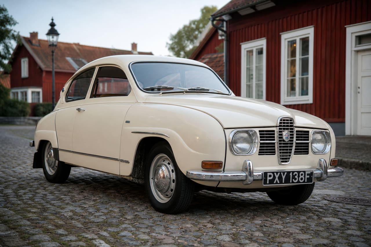 Vintage 1967 Saab 96 Parked on a Scandinavian Cobblestone Street