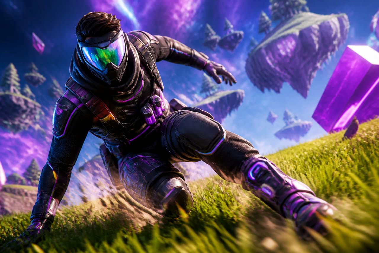 Stylized Gaming Character Sliding Through a Surreal Battle Arena