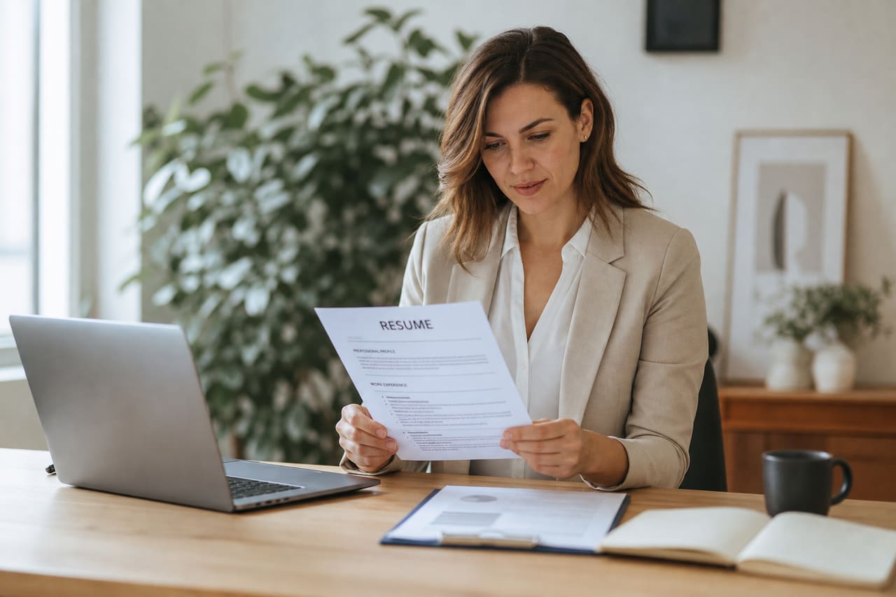 Professional Woman Reviewing Work History Documents in Home Office