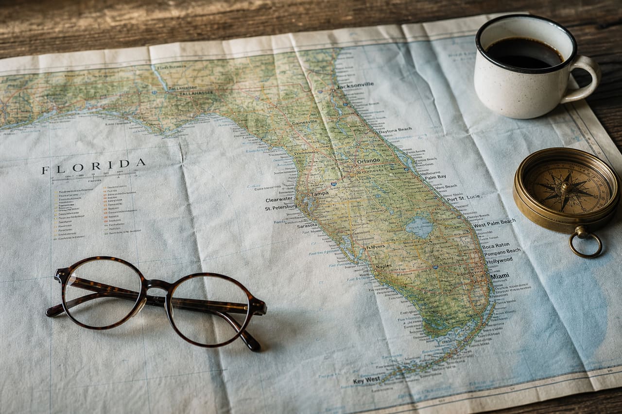 Physical Map of Florida with Compass and Coffee on Table
