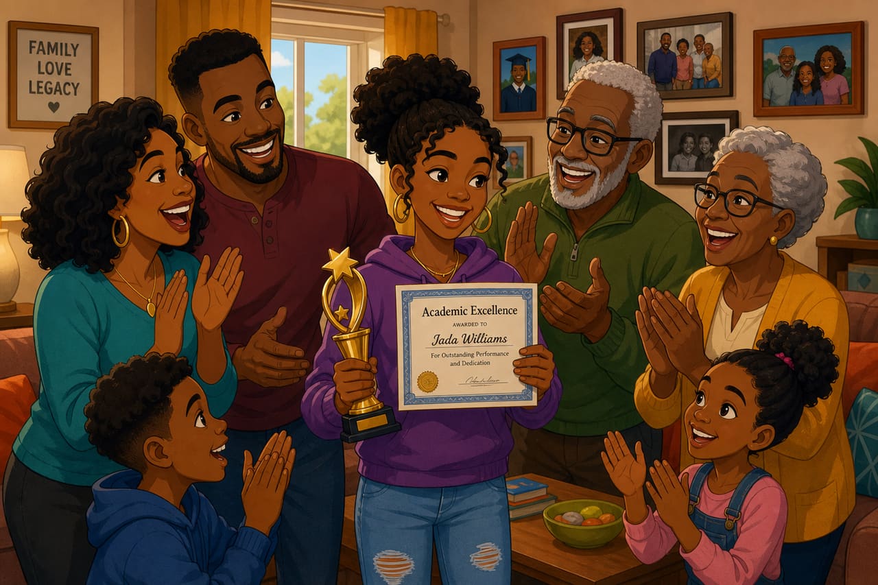 Multi-Generational Family Celebrating a Young Girl's Achievement