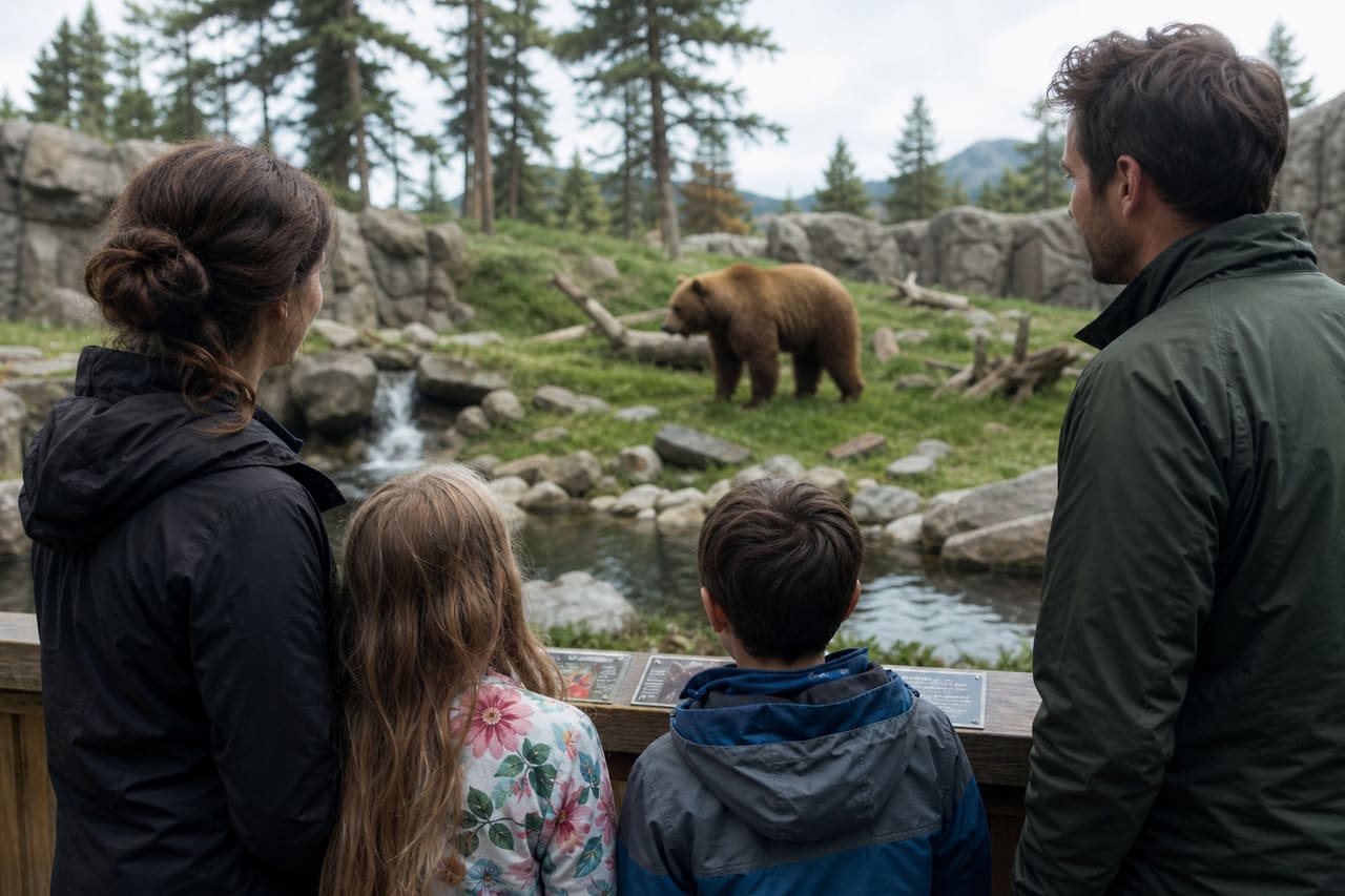 Family Observing a Brown Bear at a Wildlife Zoo