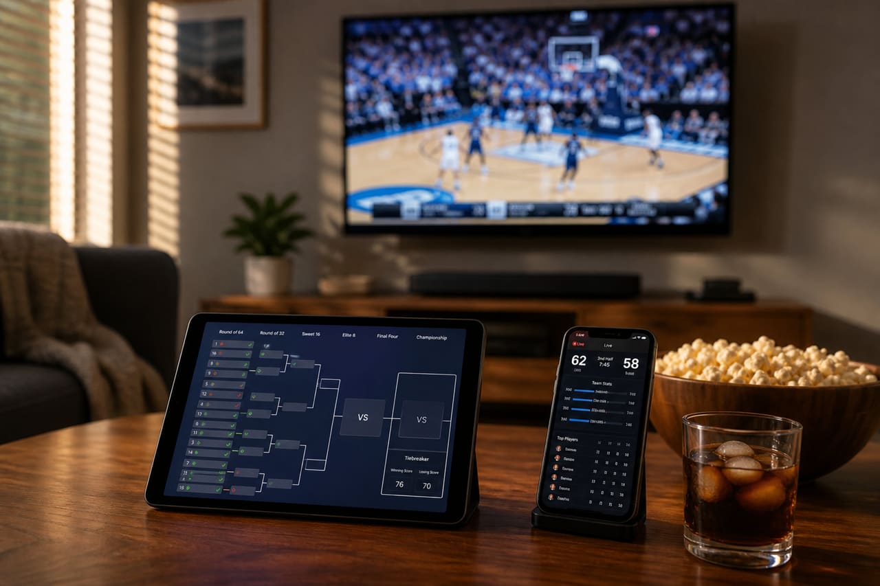 Fan Tracking College Basketball Brackets on Digital Devices at Home