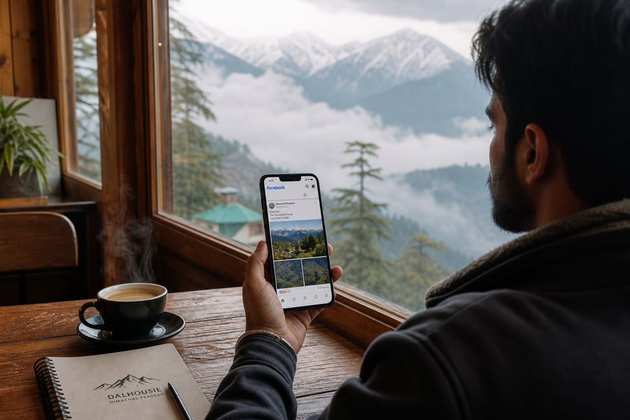 Traveler Using Facebook in a Scenic Dalhousie Cafe