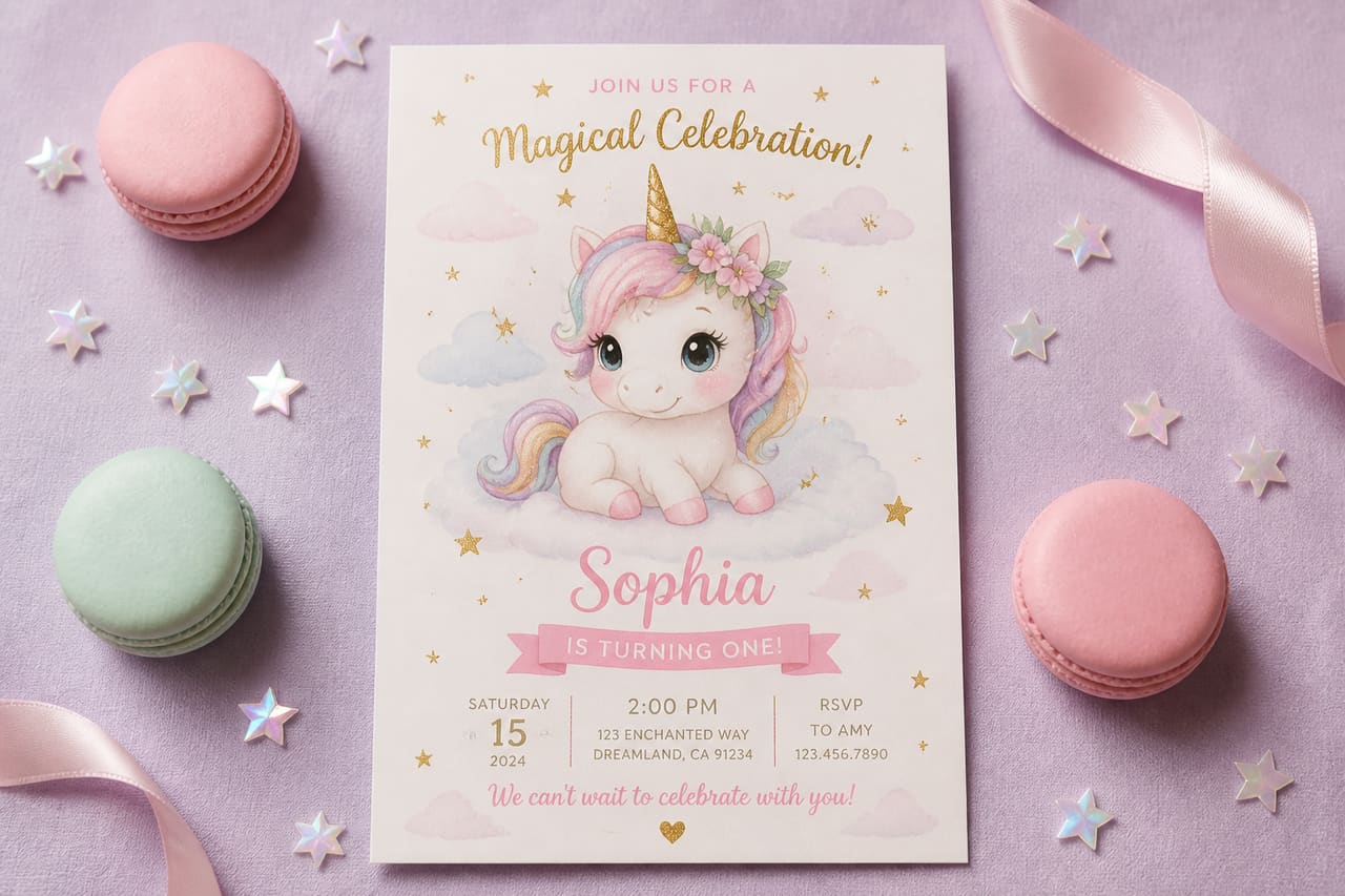 Whimsical Baby Unicorn Birthday Invitation Template on a Pastel Background