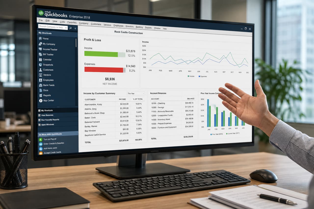 Accountant Reviewing Quickbooks Enterprise 2018 Software on Desktop Monitor