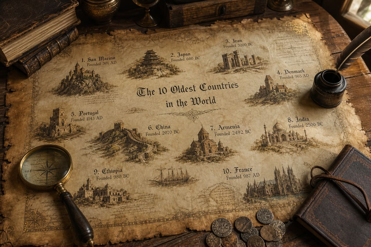 Vintage Map and Artifacts Representing Oldest Countries in the World