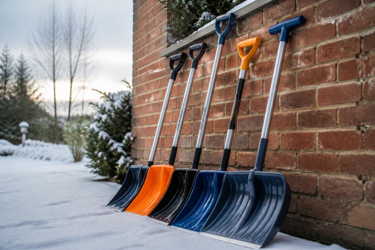 Ergonomic Snow Shovels Leaning Against a Garden Wall