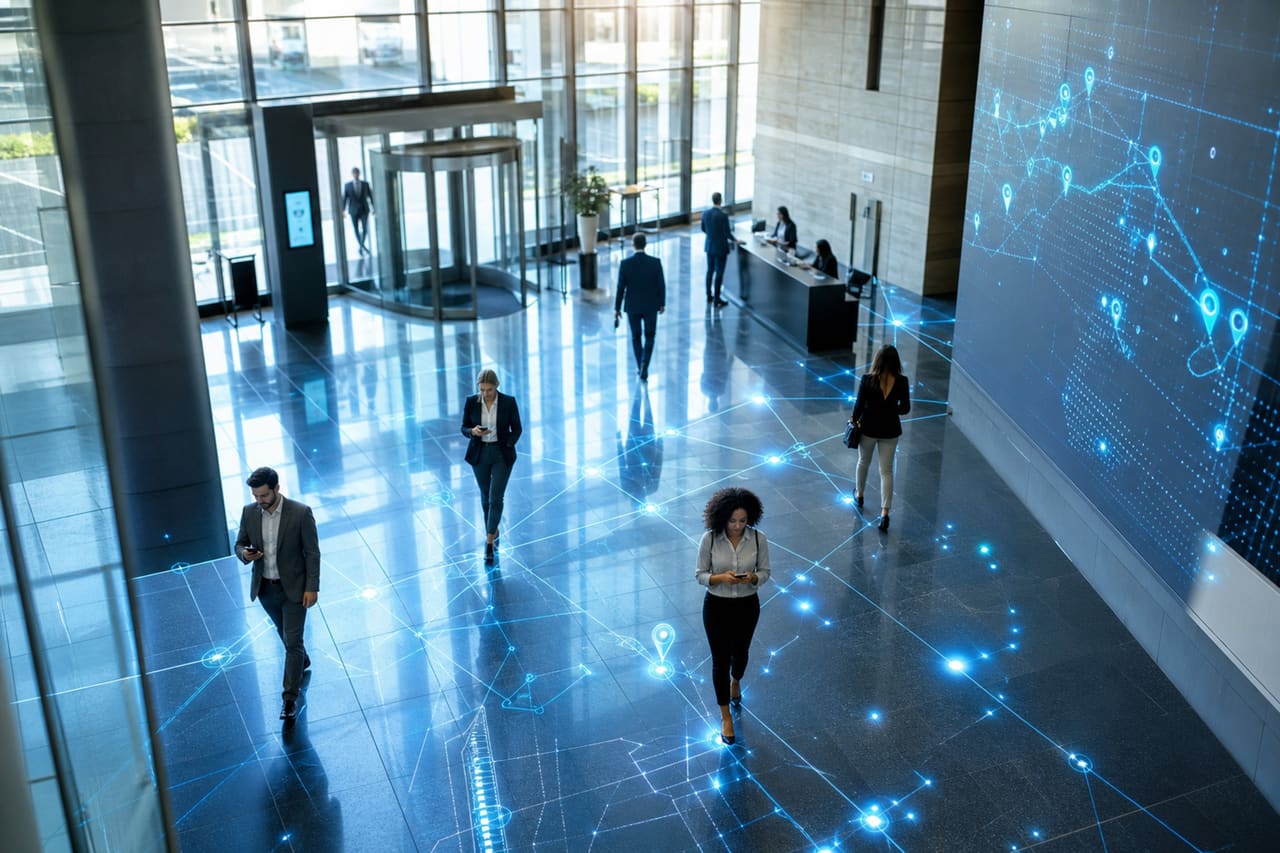 Business Professionals Using Indoor Positioning System in Modern Office