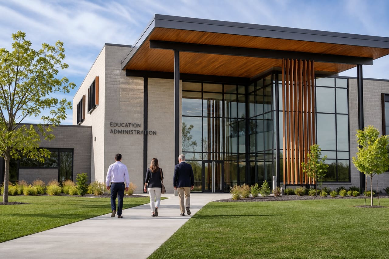 Modern Educational Administration Building with Glass Facade and Green Lawn
