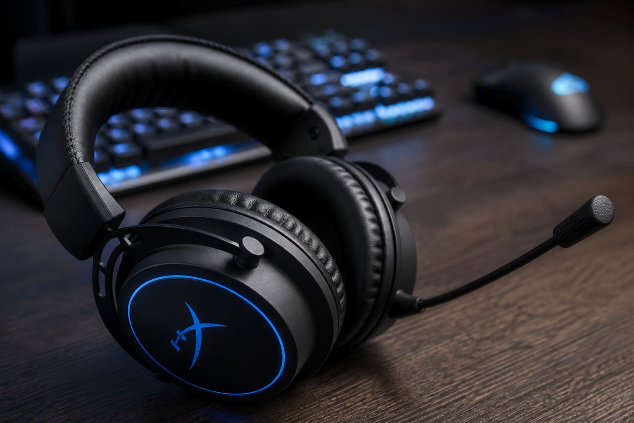 Professional Gaming Headset with Boom Microphone on Wooden Desk