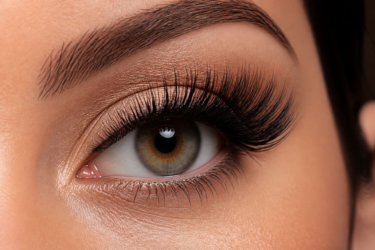Close Up of Long Voluminous False Eyelashes on a Woman