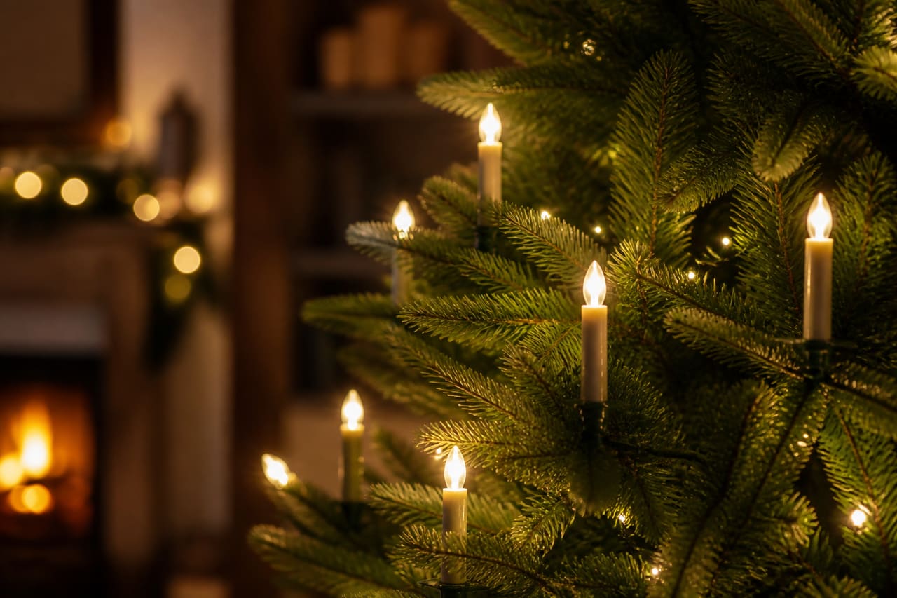Artificial Christmas Tree with Warm Candle Lights in a Cozy Living Room
