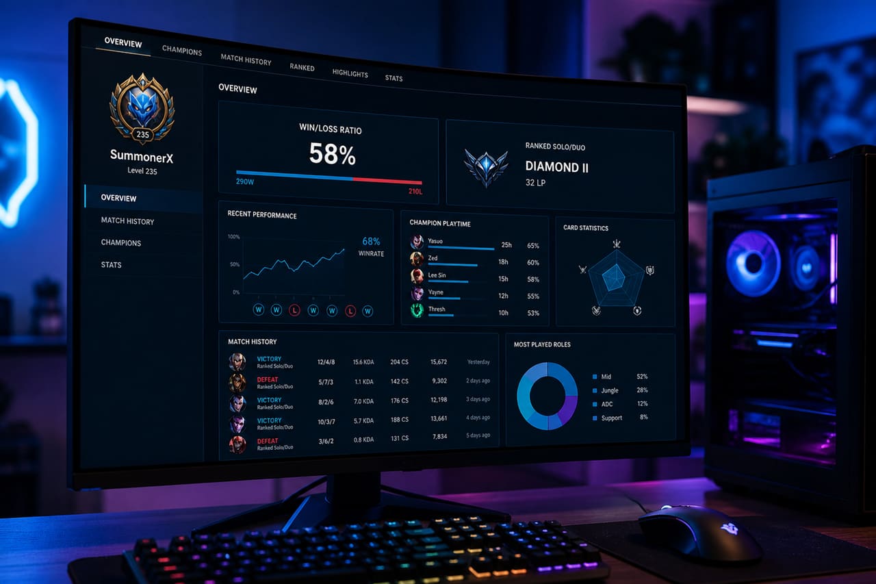 Gaming Monitor Displaying Win Loss Ratio Statistics