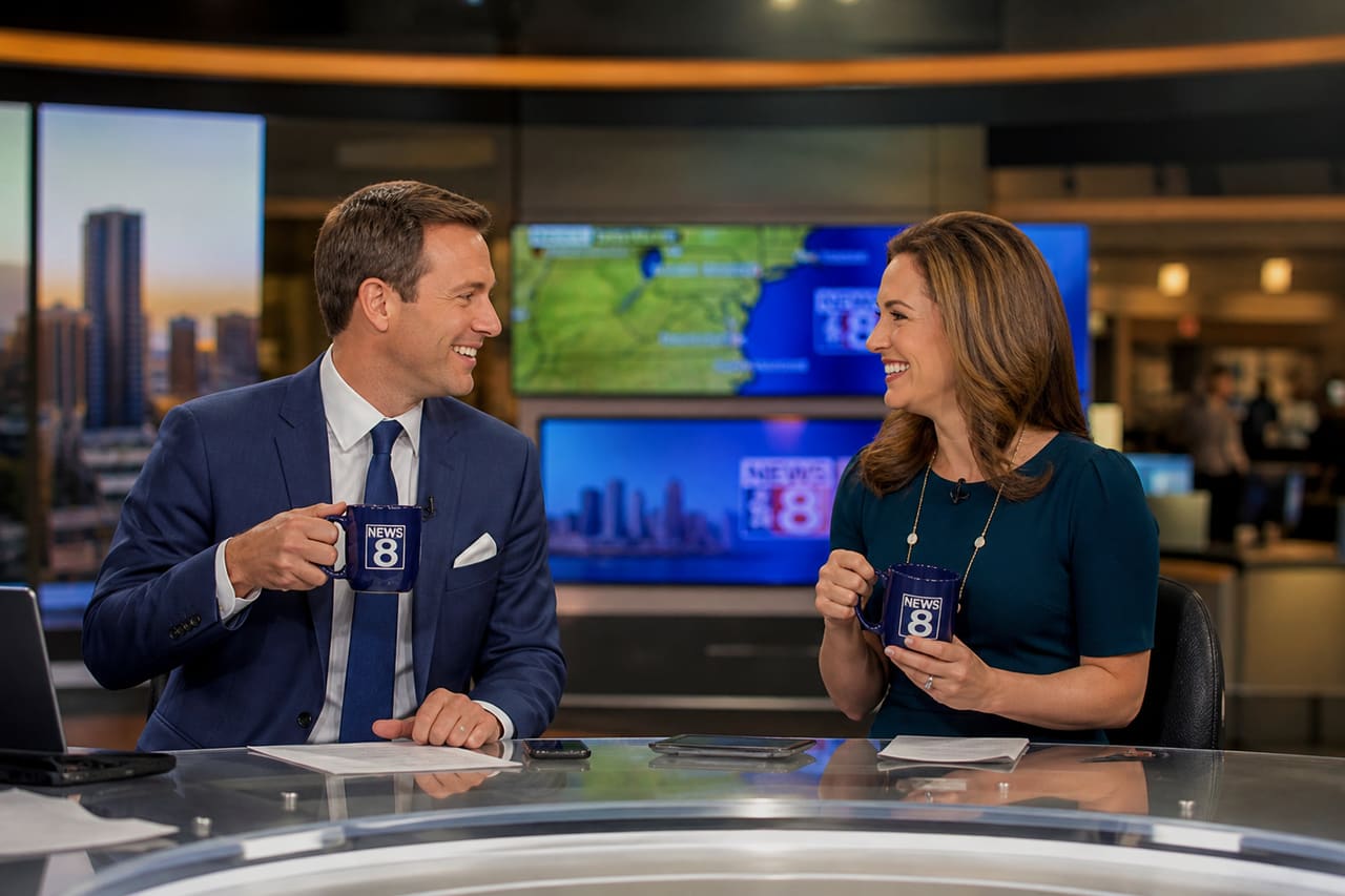 News Anchors Chatting During a Morning Break in Studio