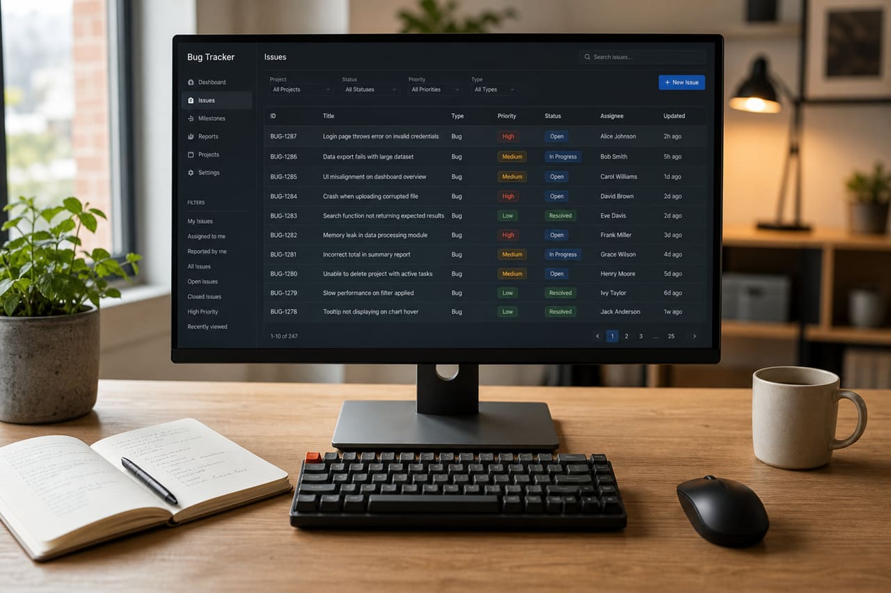 Software Developer Using Bug Tracking Dashboard on Office Monitor