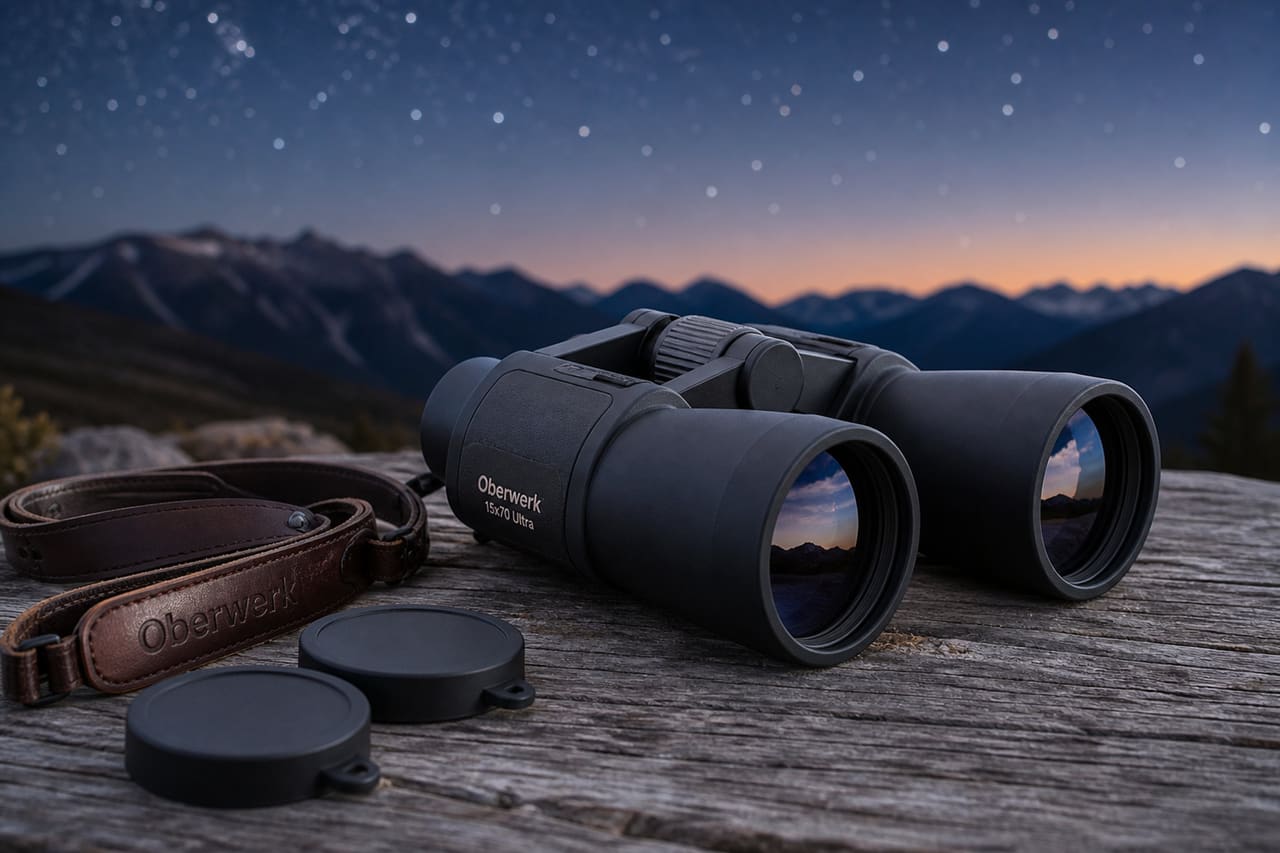 Oberwerk 15x70 Ultra Binoculars on a Wooden Table Under Stars