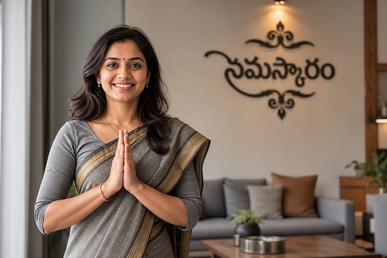 Indian Woman Greeting with Namaste and Telugu Calligraphy