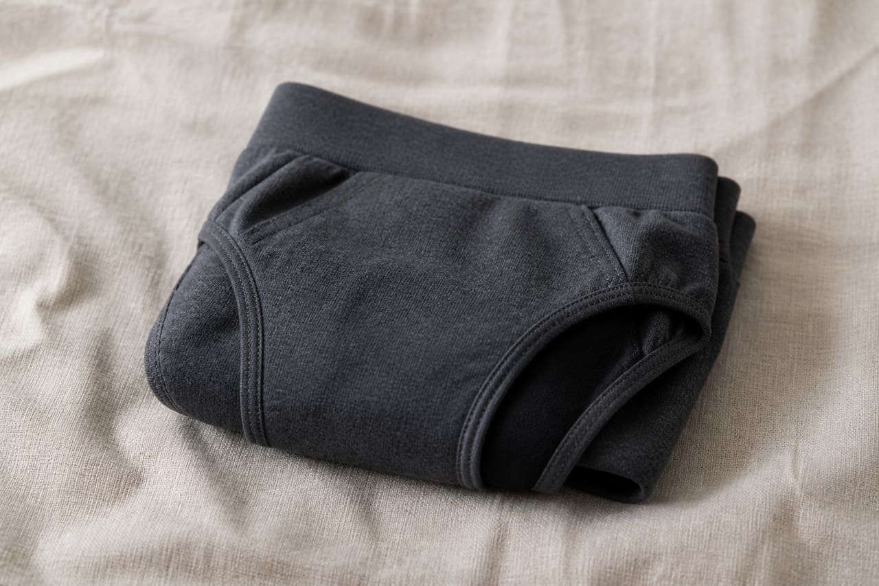 Period Underwear Folded on a Neutral Fabric Background