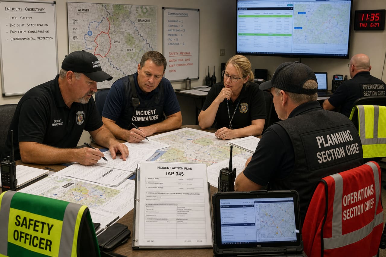 Emergency Management Team Reviewing Incident Action Plan Safety Forms