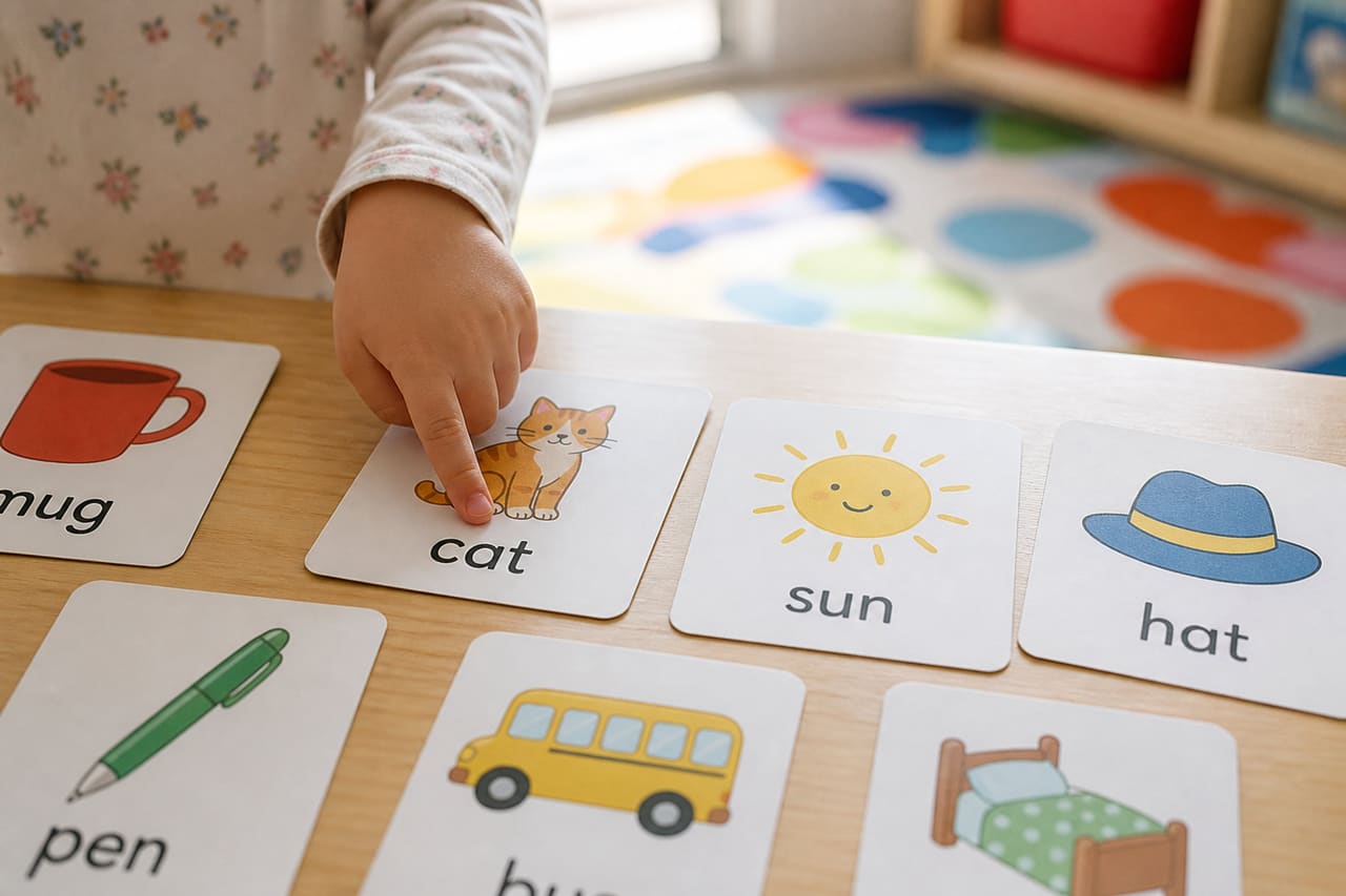 Child Using Early Reading Flash Cards on a Wooden Table