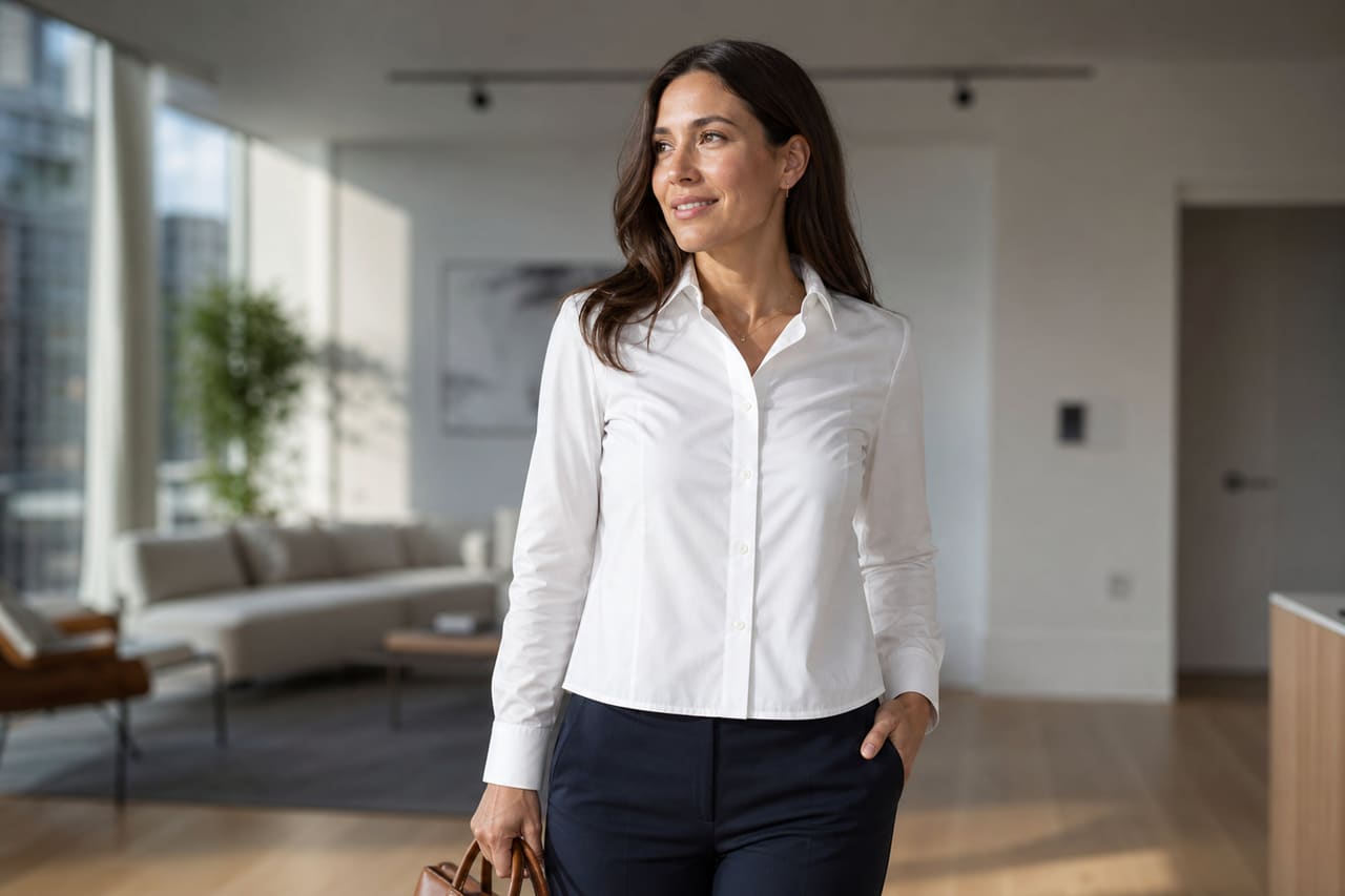 Woman Wearing Tailored Untucked Button Down Shirt in Modern Home