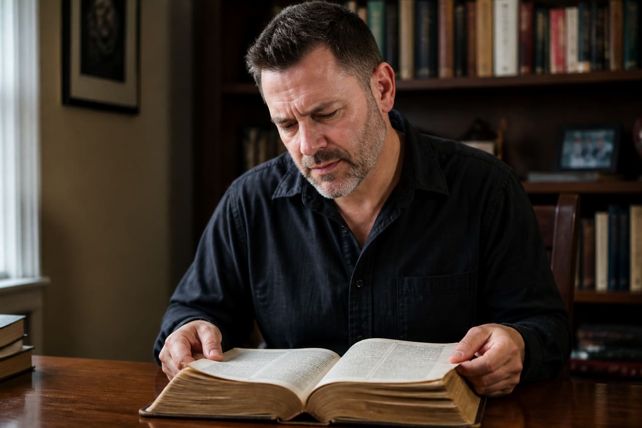 Person Looking Confused While Reading an Open Bible