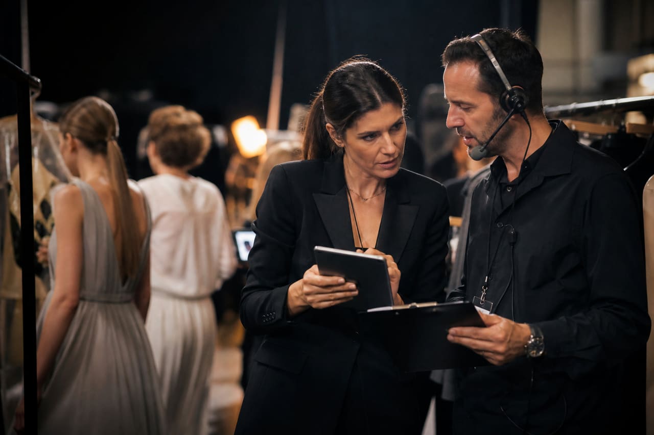 Fashion Show Organisers Coordinating Backstage During Runway Event