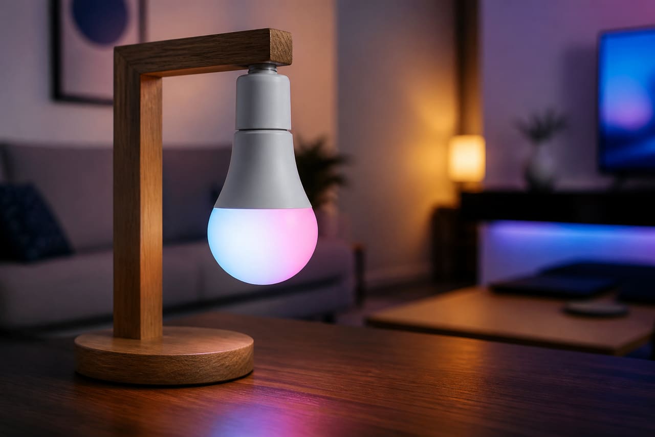 Smart Wi-Fi LED Light Bulb Screwed Into Table Lamp