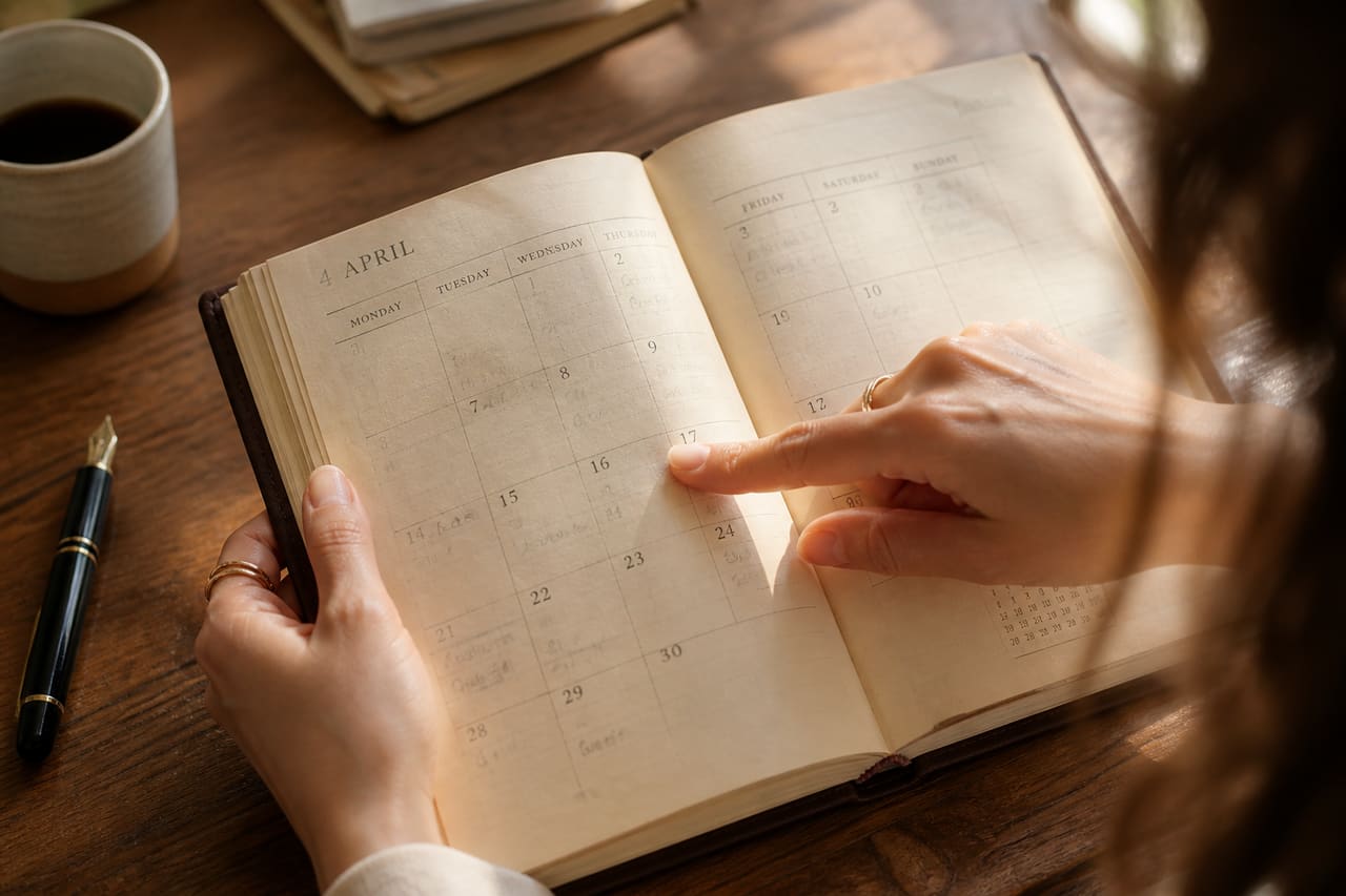 Woman Searching for Missing Date in a Vintage Paper Planner