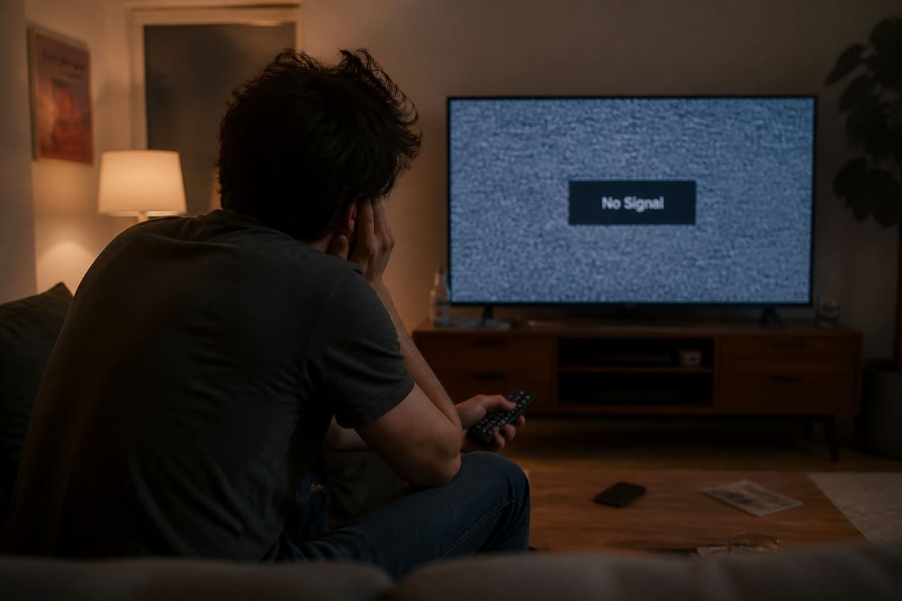 Frustrated Person Staring at No Signal TV Screen