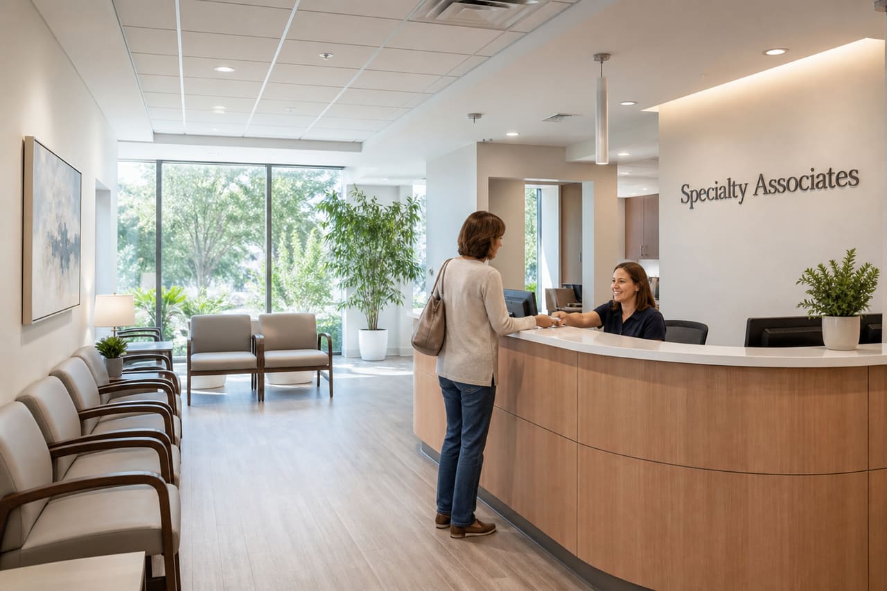 Medical Receptionist Greeting Patient at Specialty Associates Clinic