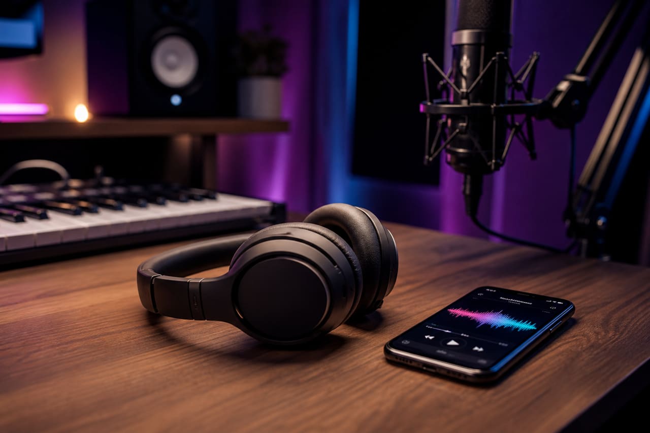 Wireless Headphones and Smartphone on a Music Studio Desk