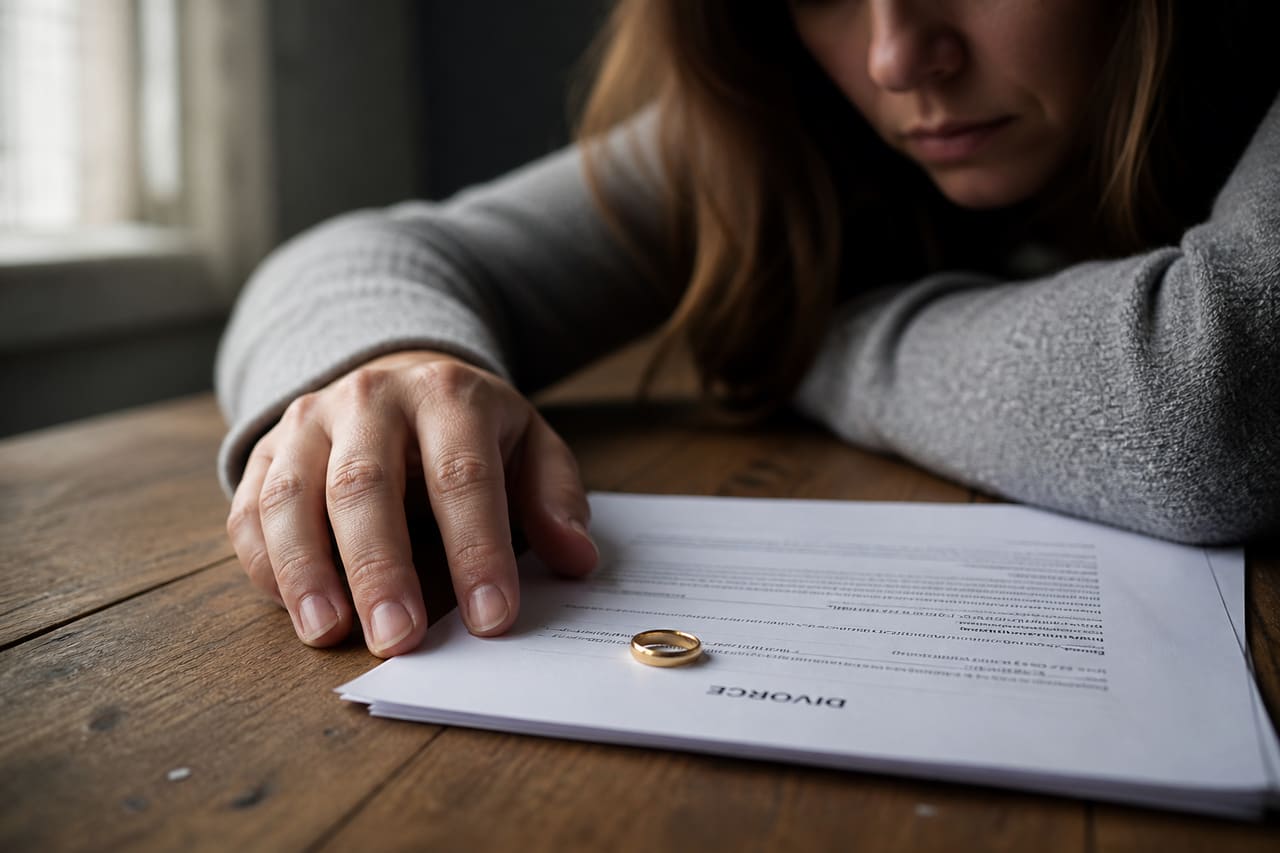Stressed Woman Looking at Wedding Ring and Divorce Papers