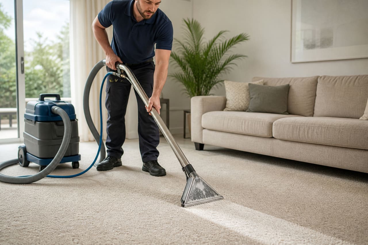 Professional Technician Performing Carpet Cleaning in a Modern Living Room