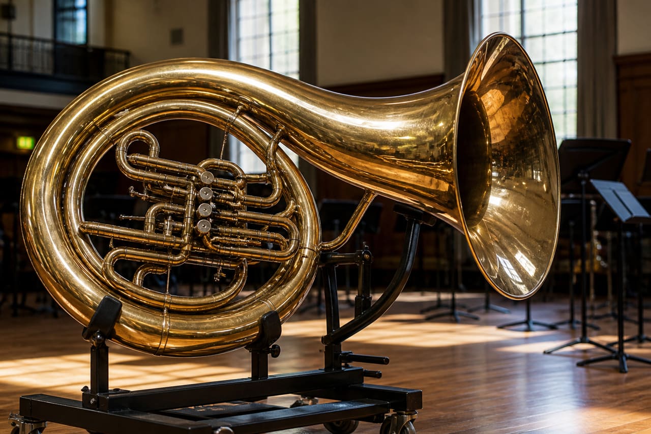 Polished Brass Sousaphone Resting on a Music Stand