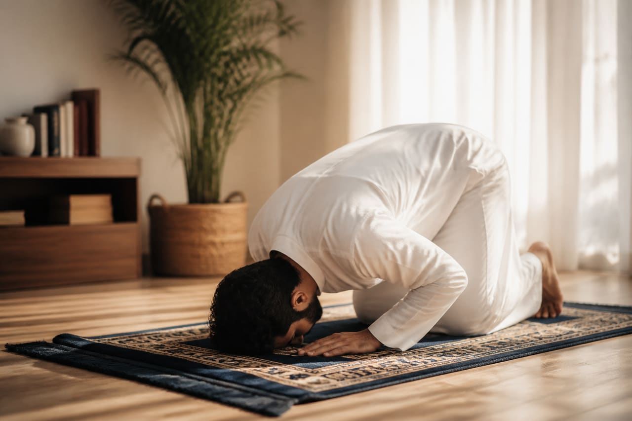 Muslim Man Praying Duha in a Sunlit Modern Living Room